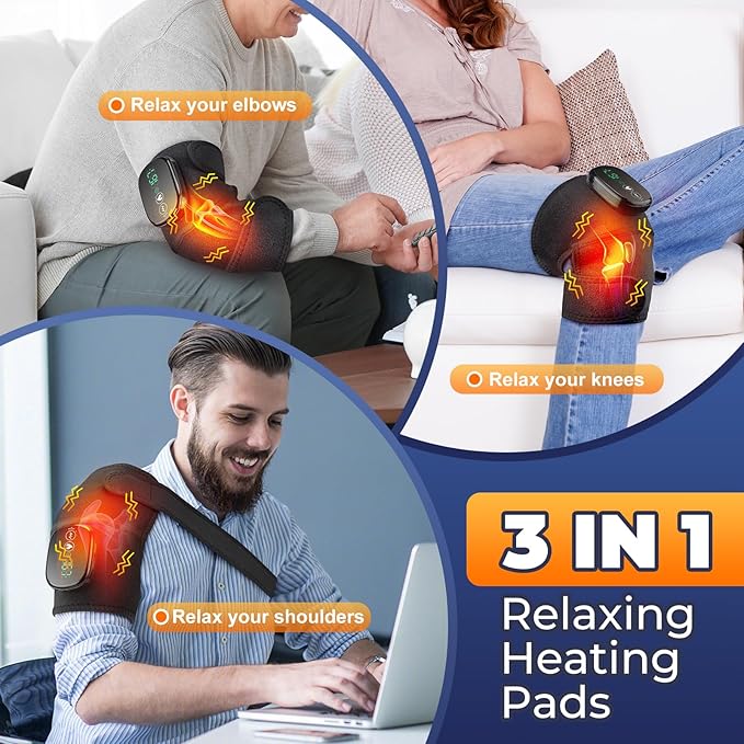 YUANBO Cordless Electric Heated Knee Massager, 3-in-1 Heated Knee Massager with Heat for Knee Elbow Shoulder Wrap with 3 Vibration & Heating Modes