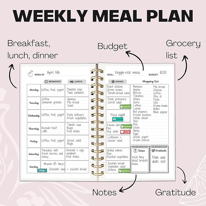 Life & Apples Meal Planner with Grocery List – Undated Weekly Menu & Meal Prep Notebook for Women & Men, Healthy Eating & Weight Loss Planner, 52-Week Spiral Bound Journal, Marble