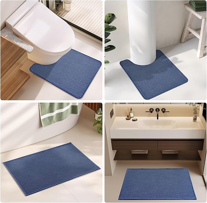 Toilet Rug, Thin Toilet Rugs U Shaped Washable Non Slip Absorbent Quick Dry Low Pile Toilet Mat, Navy Blue 20"x24" U Shape