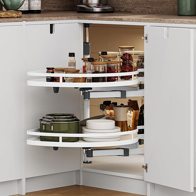 DWVO Corner Cabinet Organizer, 2-Tier Blind Corner Pull Out with 270° Rotating Shelf, Right Swing Tray, Heavy-Duty Iron, Easy-Install Template, 32.7"x17.3"x21.3", White