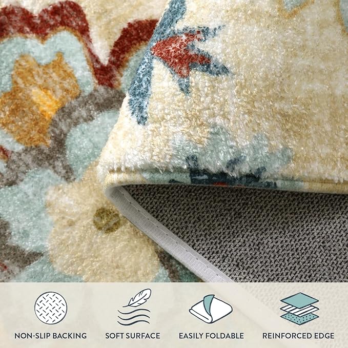 Lahome Floral Runner Rug - 2x4 Area Rug Non-Slip Low-Pile Washble Entryway Runner Rug Small Throw Laundry Mat Bathroom Runner, Boho Beige Paisley Carpet Runners for Hallway Bedroom Kitchen Foyer