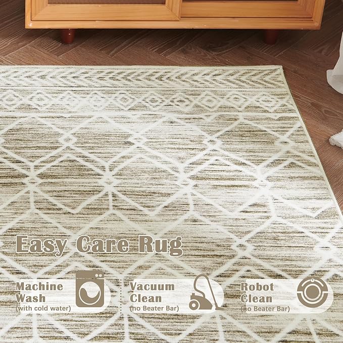 jinchan Moroccan 5x7 Area Rugs for Bedroom - Machine Washable Soft Modern Geometric Stain Resistant Non-Slip Ultra-Thin Low-Pile Carpet for Living Room Kitchen Dining Room (5x7ft, Taupe)