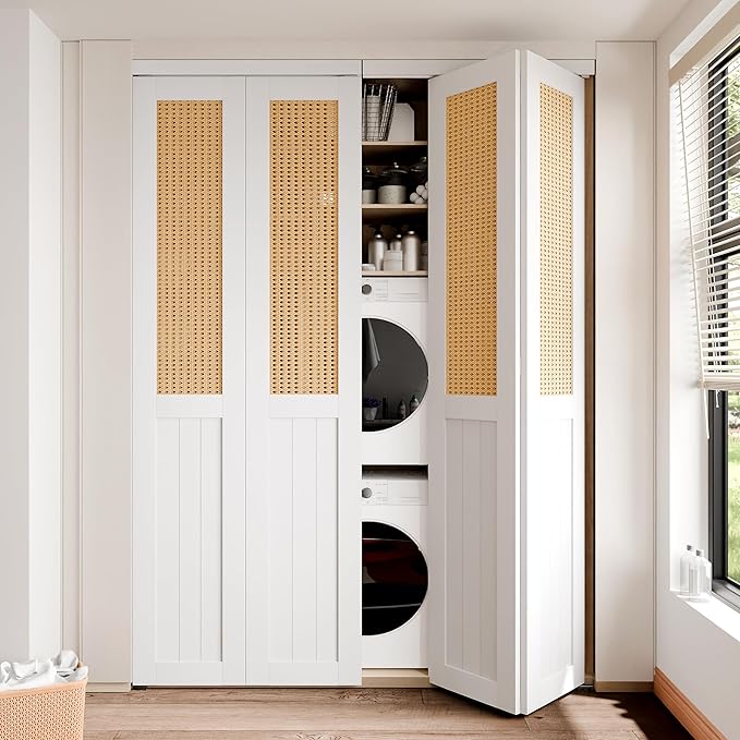 BARNER HOME Cane Bi-fold Doors - for 72"x 80" (Double 36" x 80" Doors) Opening, Webbing & Wood Interior Door Slab, Including Hardware, MDF, White Folding Door for Wardrobe