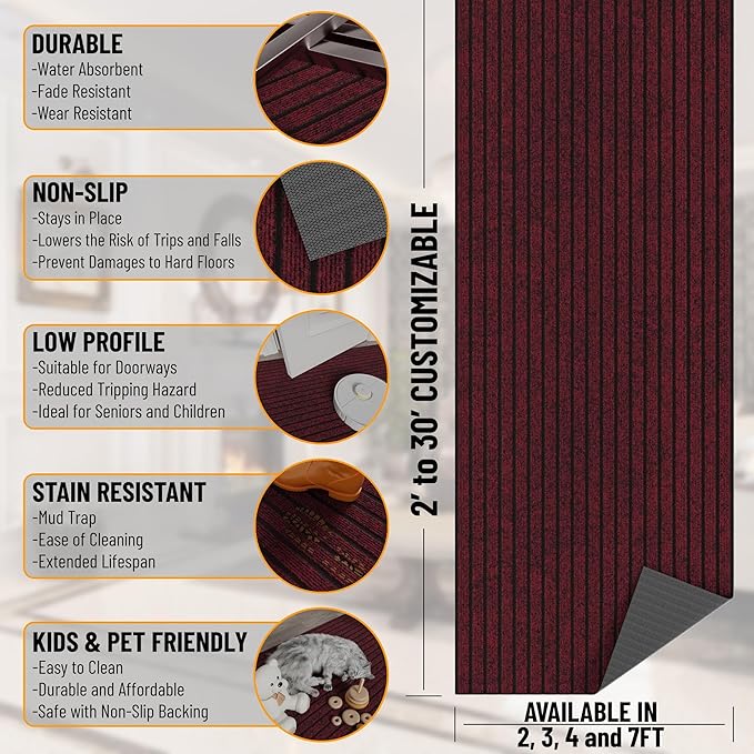 Ottomanson 2'7" x 7' Hallway Runner with Scraper Pile Extra Durable Non-Slip Rug Mat for Indoor & Outdoor Use - Ideal for Kitchen, Entryway, Patio & Garage - High-Traffic Carpet, Red