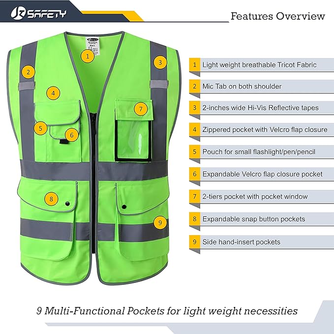 JKSafety 9 Pockets Class 2 High Visibility Zipper Front Safety Vest With Reflective Strips, Meets ANSI/ISEA Standards (150-Green, XX-Large)