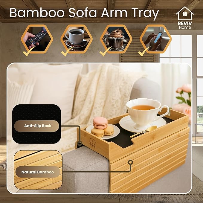 REVIV Bamboo Sofa Arm Tray Table - Foldable, Anti-Slip Couch Armrest Tray Table for Snacks, Drinks, and Devices, Flexible Couch Cup Holder, Durable and Natural Bamboo Design
