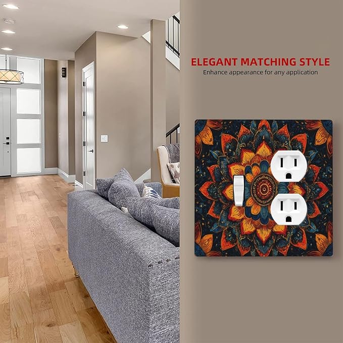 Colorful Oriental Floral Blooming Mandala Flower Outlet Covers 2 Gang Combination 1 Toggle/1 Duplex Light Switch Cover Decorative Gfci Wall Plate Electrical Receptacle Switchplate Bathroom