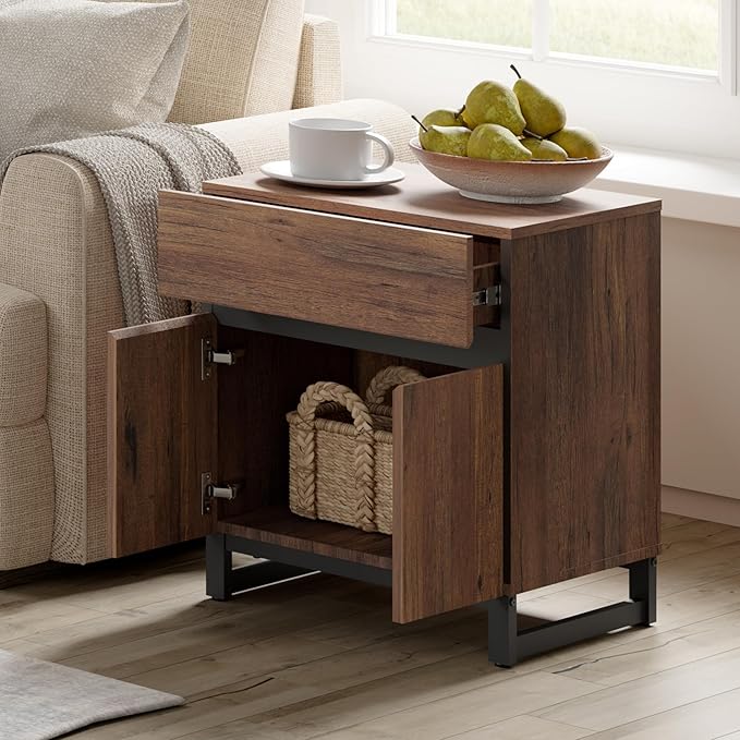 WAMPAT Modern End Table with 1 Drawer & 1 Storage Cabinet, Farmhouse Sofa Table with 2 Open Door, Wood Rustic Side End Table for Living Room, Nighstand for Bedroom, Brown