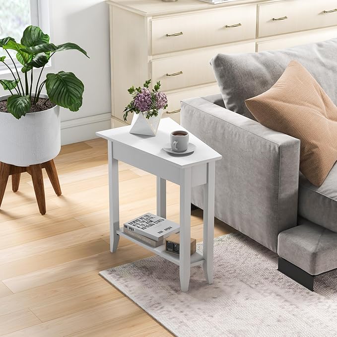 Giantex Wedge End Table White, Triangle Side Table with Storage Shelf and Solid Wood Legs, Recliner Table, 24.5" Tall Nightstand, Modern Narrow Accent Table for Small Space Living Room