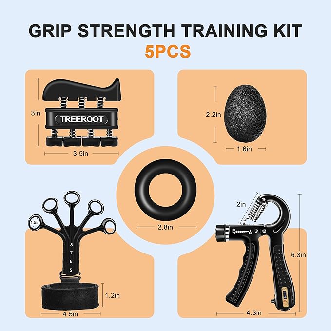 Treeroot 5/10PCS Grip Strength Trainer Kits, Hand Gripper Strengthener, Forearm Strengthener, Forearm Exerciser, Finger Exerciser, Wrist Strengthener, Stress Relief Ball, Grip Ring