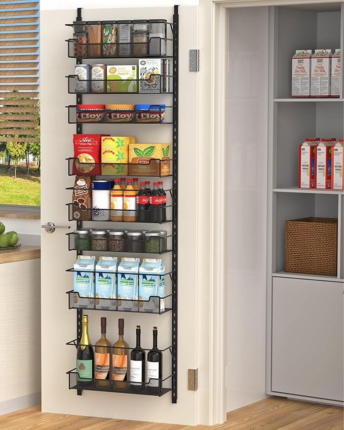 Over the Door Pantry Organizer, 8-Tier Over the Door Organizer with Adjustable Basket, Pantry Door Organization for Pantry Kitchen Storage Room Spice Rack, Black