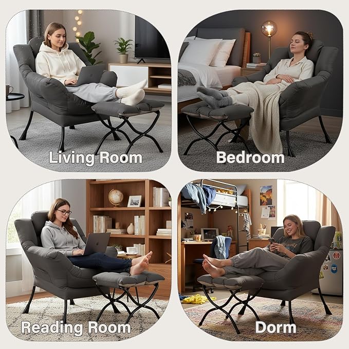 Lazy Chair with Folding Ottoman, Modern Accent Lounge Armchair with Armrests and a Side Pocket & Foldable Footstool, Leisure Reading Chair for Living Room, Bedroom, Dorm & Office, Dark Grey