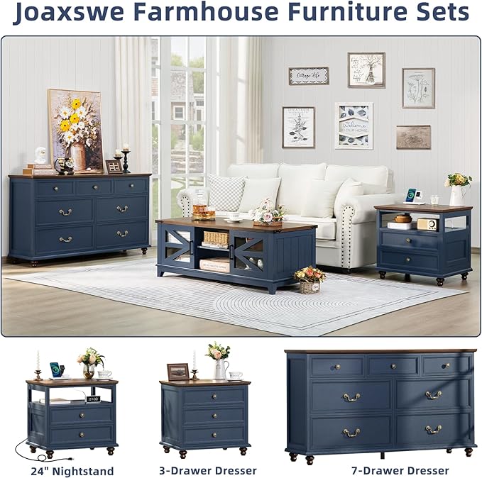 Farmhouse 54" 7 Drawers Dresser for Bedroom, Wide Chest of Drawers w/ 4 Wooden Legs, Vintage Rustic Large Closet Storage Dressers Organizer for Hallway, Wood TV Stand for Living Room, Blue