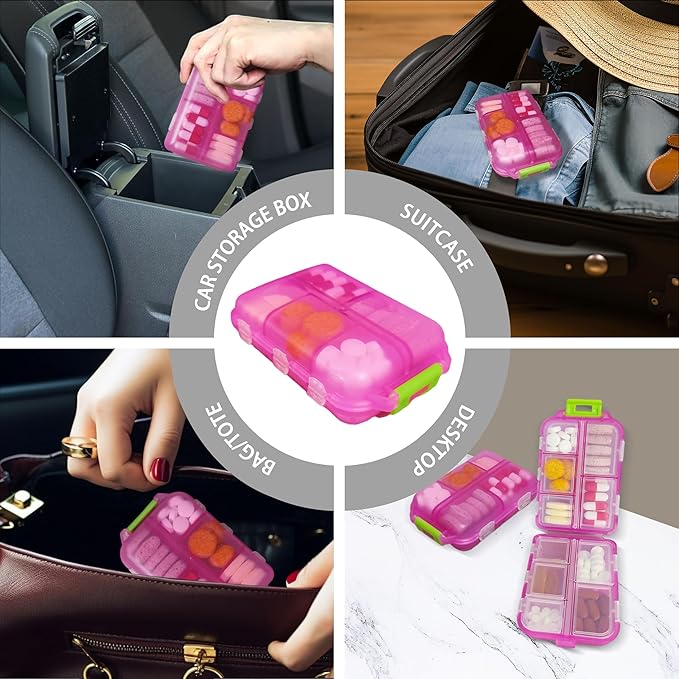 Pill Organizer with Medicine Labels Travel Daily Pill Container Mini Medication Organizer Storage Pill Organizer Travel Essentials Pill Case 7 Day (Purple& 161 Lables)