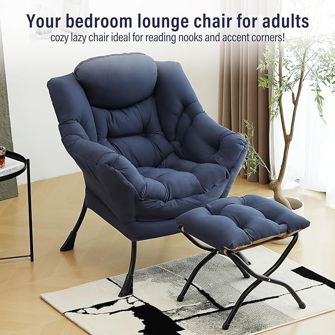 Lazy Chair with Ottoman, Modern Chair with Folding Footrest, Lounge Accent Chair, Comfortable Reading Chair (Navy Blue)