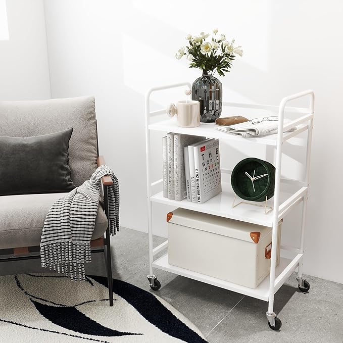 DCLRN 3 Tier Rolling Cart,Storage Organizer Cart,Multifunctional Storage Shelves,Rolling Metal Organization Cart with Handle and Lockable Wheels,for Home,Office,Kitchen,Bathroom(White)