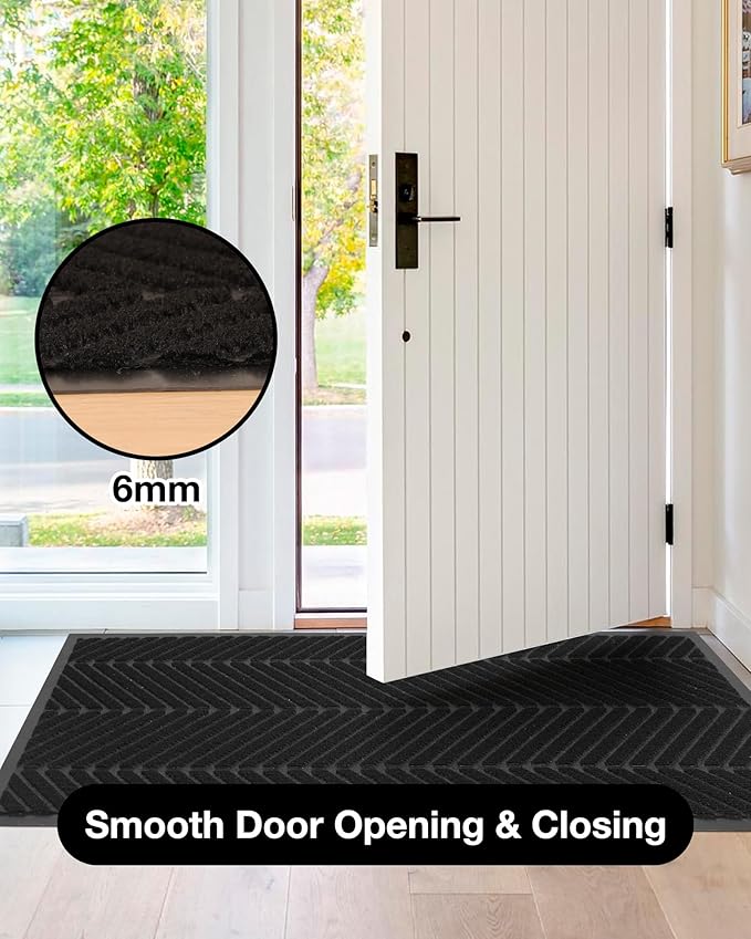 16" x 24" Black Front Door Mat Indoor Outdoor, Low Profile Welcome Doormat for Entrance, Waterproof All-Weather Entry Mat for High Traffic Area