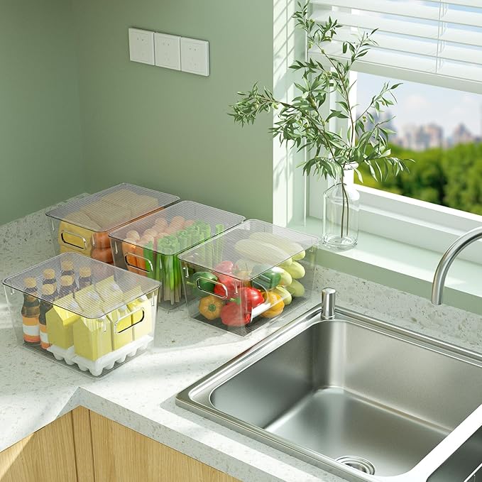 BALEINE Clear Stackable Storage Bins with Lids, Plastic Containers with Handle for Pantry Organizers and Storage, Plastic Bins for Fridge, Kitchen, Bathroom, Cabinet (13x7.4x7, 4PK)