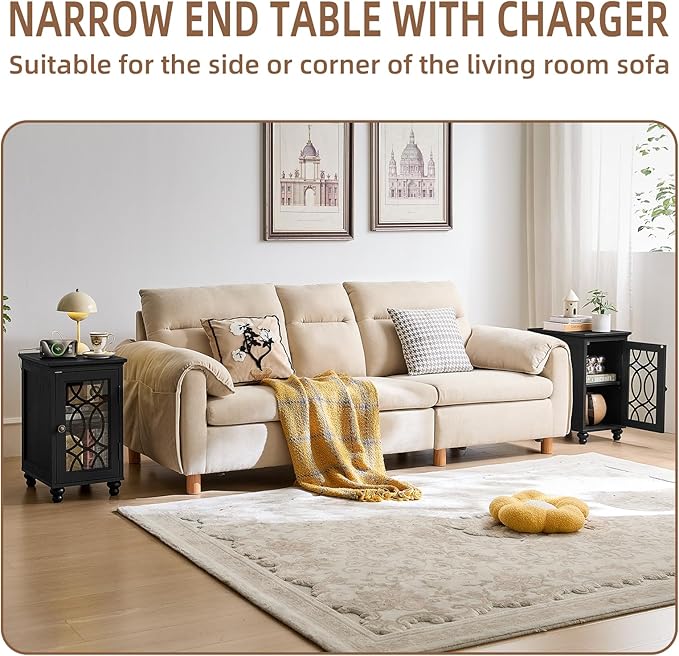 Narrow Side Table with Charging Station, Night Stand with Glass Door, Bedside End Tables with Adjustable Shelf Storage Cabinet,Wood Nightstand for Small Spaces Living Room Bedroom