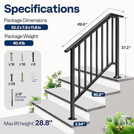 VIVOHOME 2-Pack 4 Step Galvanized Steel Hand Rails for Outdoor Steps – Black Oval and Safety Balusters Exterior Railing for Porch, Deck, or Indoor Stairs, Complete Installation Kit
