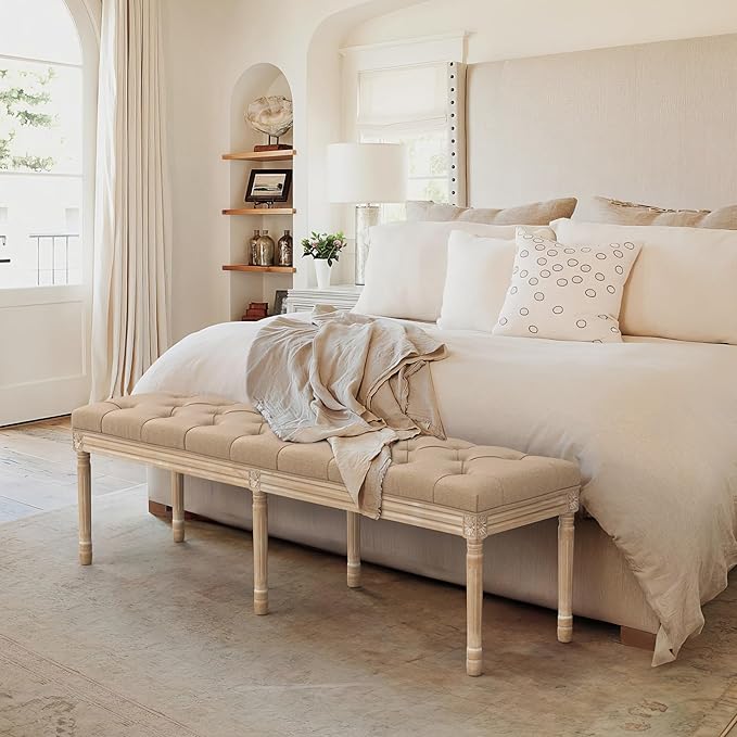 LUE BONA 60" Fabric End of Bed Bench, Upholstered Tufted French Bedroom Bench with Carved Legs for Bedroom End of King Size Bed, Living Room, Wheat