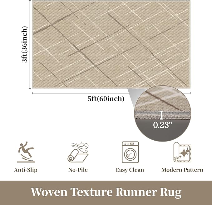 3x5 Area Rug Washable Entryway Rug Non Slip Modern Tear and Stain Resistance No Pile Lightweight Throw Rugs Carpet for Kitchen, Entrance, Foyer, Bedside, Mudroom, Beige