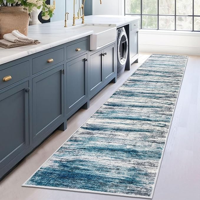 KOZYFLY Modern Abstract Hallway Runner Rug, 2.6x12 Washable Rug Runner Non-Slip Soft Striped Kitchen Runner Rugs, Print Blue Carpet Runner for Entryway Bathroom Laundry Room Foyer