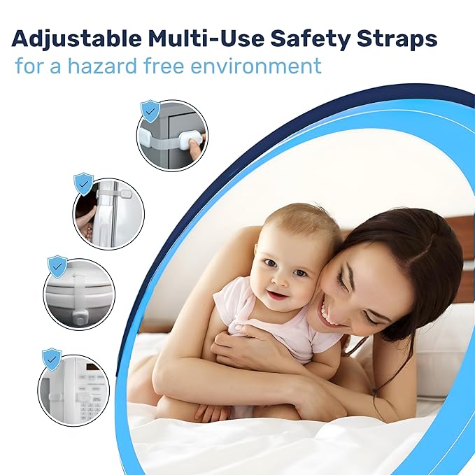 3M Adhesive Child Safety Strap Locks by Baby Proof Me, Baby Latches for Cabinets, Dishwashers, Fridges, Ovens and Trash Cans, Stain Free Toilet Lock (6 Safety Latches)