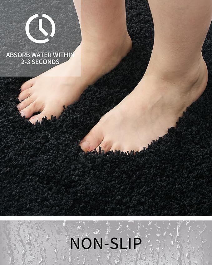 Toilet Rugs U-Shaped Mat 24x22, Contour Bathroom Mat - Ultra Soft & Absorbent Microfiber, Quick-Dry, Machine Washable with High Density Foam Latex Non Slip Backing, Black