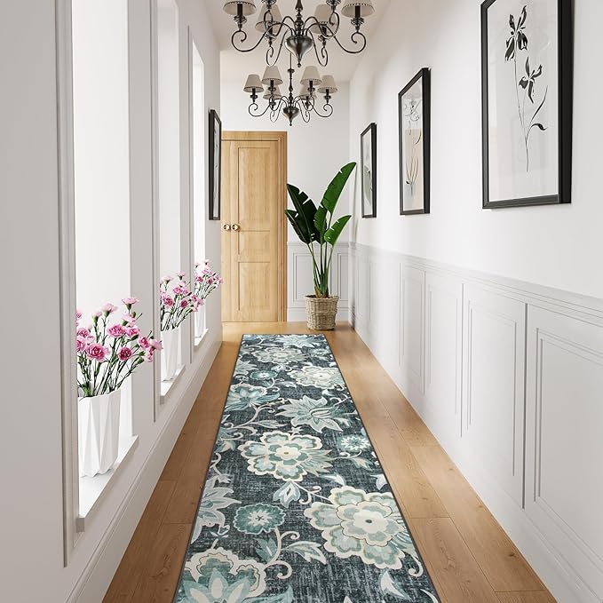 Beeiva Floral Carpet Runner Non Slip, Vintage Washable 2.5x12 Rug Runners for Hallways Non Slip, Ultra Thin Printed Distressed Blue Hallway Rug for Bedroom Bathroom Laundry