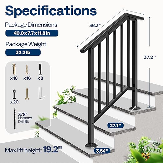 VIVOHOME 2-Pack 3 Step Galvanized Steel Hand Rails for Outdoor Steps – Black Oval and Safety Balusters Exterior Railing for Porch, Deck, or Indoor Stairs, Complete Installation Kit