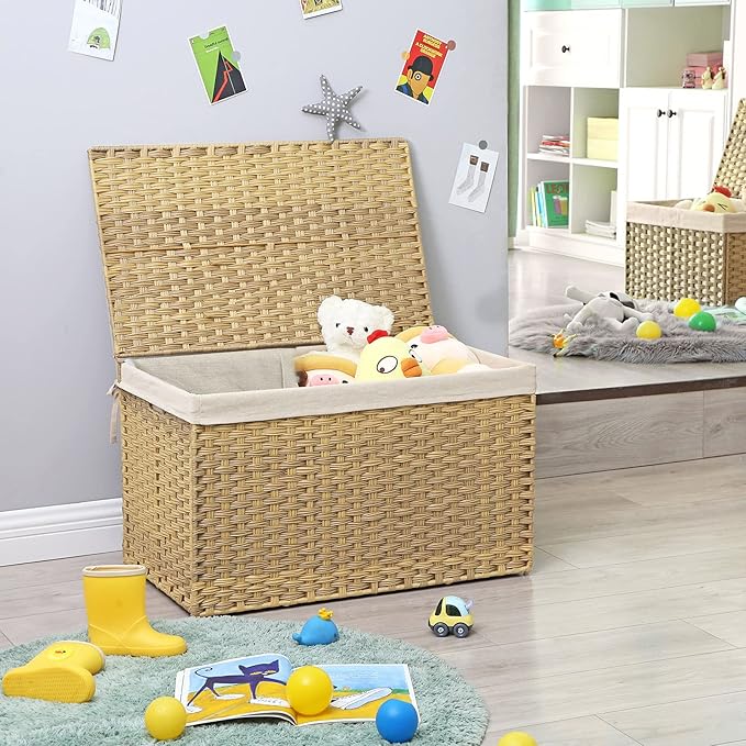 SONGMICS Storage Basket with Lid, Woven Blanket Storage Bin with Handles, Foldable, Removable Liner, Metal Frame, for Bedroom, Laundry Room, 42.3 Gallons (160 L), Natural URST76NL