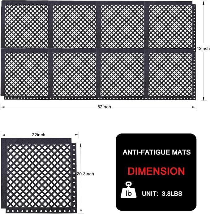 Interlocking Rubber Floor Mats 21”x21” 8 Pack - Open Grid Drainage Tiles, Non-Slip for Deck, Patio, Pool, Garage & Wet Areas