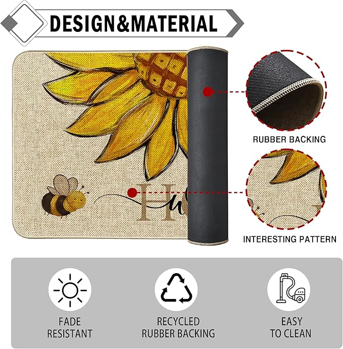 Sunflower Welcome Doormat 17"x29", Non Slip Door Mat Indoor Entrance, Hello Indoor Front Door mat, Spring Summer Outdoor Entrance Mat, Low Profile Design Patio Porch Entryway Mats