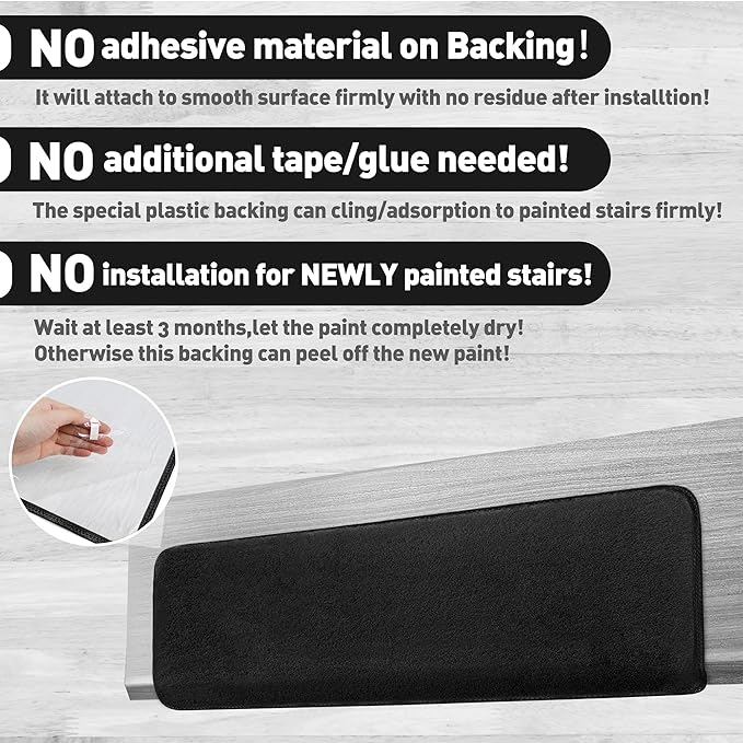 PURE ERA Carpet Stair Treads Ultra Plush 9.5" X 30"Soft Bullnose Indoor Stair Protectors Pet-Friendly Non-Slip Skid Resistant Tape Free Washable Reusable(14 Pieces,Black)