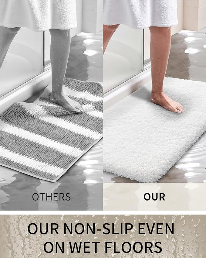 Bathroom Rugs 70x24, Ultra Thick Shaggy Soft Microfiber Absorbent Bath Rug, High Density Foam Latex Non Slip Backing, Machine Washable Bath Mats for Bathroom Floor & Sink, White