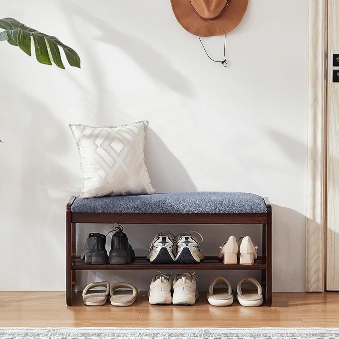Shoe Rack Bench,2 Tier Wooden Entryway Bench with Shoe Storage, Shoe Rack with Cushion for Living Room, Hallway(Grayish Blue, 31.5")