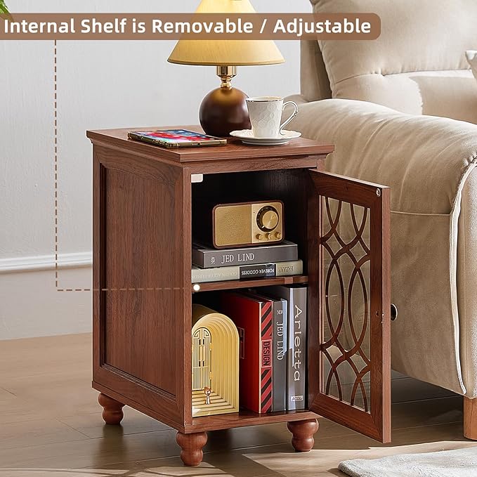 Narrow Side Table Set of 2 with Glass Door, 18 x 14'' Night Stand with Adjustable Shelf Storage Cabinet Organizer, Bedside End Tables Wood Nightstand for Small Spaces Living Room Bedroom