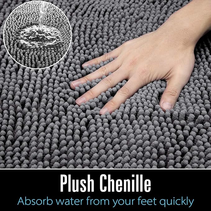 LOCHAS Luxury Bathroom Rug Shaggy Bath Mat 24 x 60 Inch, Washable Non Slip Bath Rugs for Bathroom Shower, Soft Plush Chenille Absorbent Carpets Mats, Gray