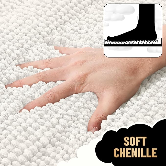 OLANLY Thick Toilet Rugs U-Shaped 24x20, Extra Soft Absorbent Chenille Striped Contour Bathroom Rugs for Toilet, Dry Quickly, Machine Washable, Non-Slip Bath Mat, Ivory