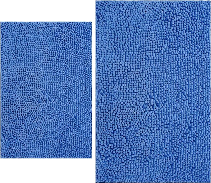 BOANKODU Bathroom Rugs Sets 2 Piece, Extra Soft Chenille Bath Mat Absorbent Bathroom Rug, Bathroom Mat with PVC Non-Slip Bottom, Machine Washable Bath Rugs (32x20 Inch + 24x16 Inch, Snow Cyan)