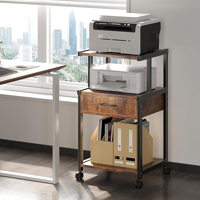 Printer Stand, 3-Tier Mobile Printer Cart, 31.5 x 14.96 x 17.72 Inches Square Printer Table with Storage Rack, Rolling Printer Table with Industrial Wheels for Home Office, Brown