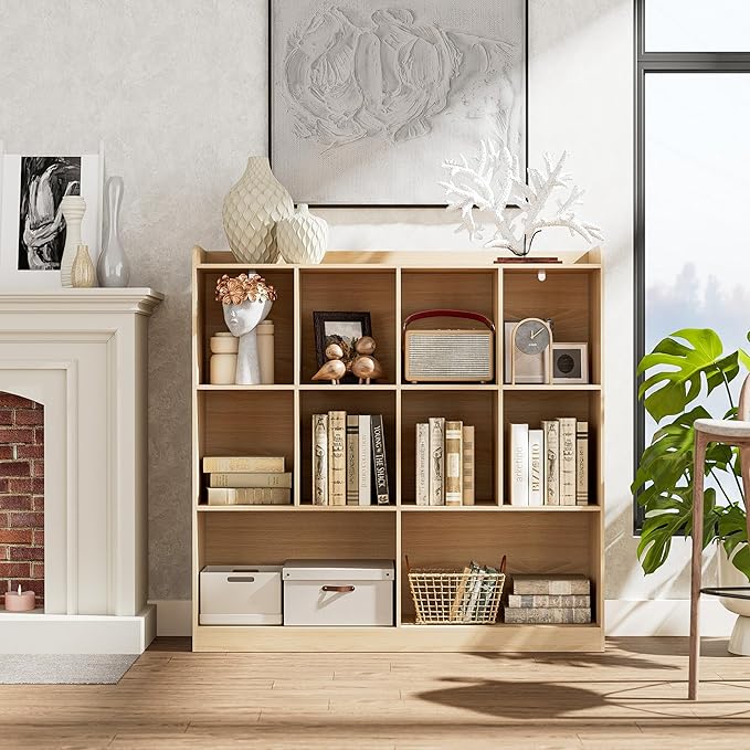 Cozy Castle Bookshelf, 3-Tier Open Bookshelf, 10 Cube Horizontal Bookcase, Storage Organizer with Anti-Tilt Device, Wood Bookcase for Home Office, Bedroom, Living Room, Oak
