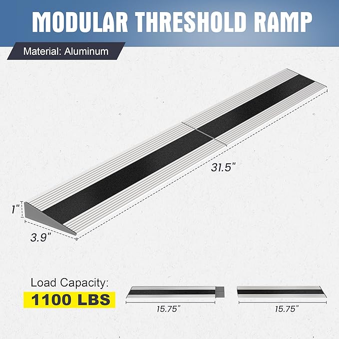 1" Rise Modular Threshold Ramp for Doorways, Stable Wheelchair Ramp for Home Steps, Aluminum Door Ramp and Curb Ramp for Scooters, Power Chairs, Cars, 1100LBS Load Capacity