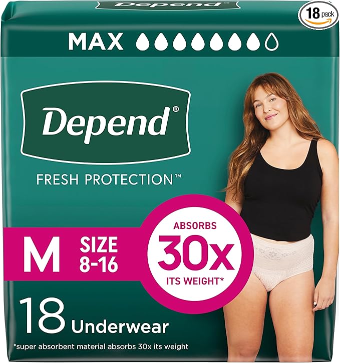 Depend Fresh Protection Adult Diapers, Incontinence & Postpartum Bladder Leak Underwear for Women, Disposable, Maximum, Medium, Blush, 18 Count, Packaging May Vary