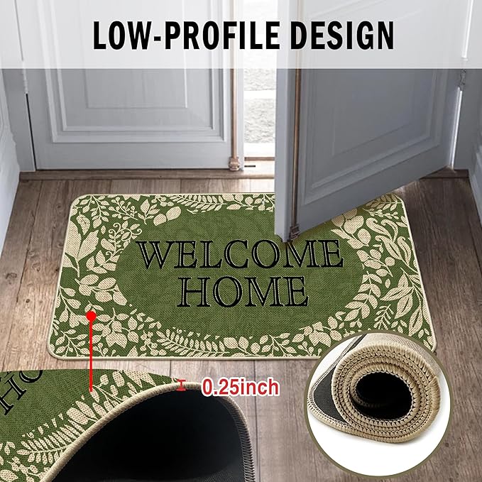 Welcome Spring Door Mat Green Leaves Doormat Indoor Outdoor Entrance Summer Decor Outdoor Rug Low-Profile Floor Rug Non Slip Spring Summer Decor Rubber Mats for Home Decoration 17x29Inch