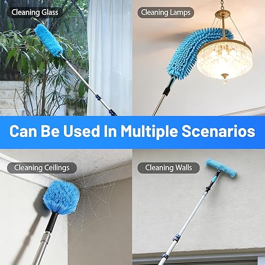 25 Foot High Ceiling Fan Duster with 5-18ft Extension Pole, Heavy Duty High Reach Duster Kit for Cleaning, Window Squeegee with Scrubber, Washable Dust Brush for High Roof and Glass Surfaces