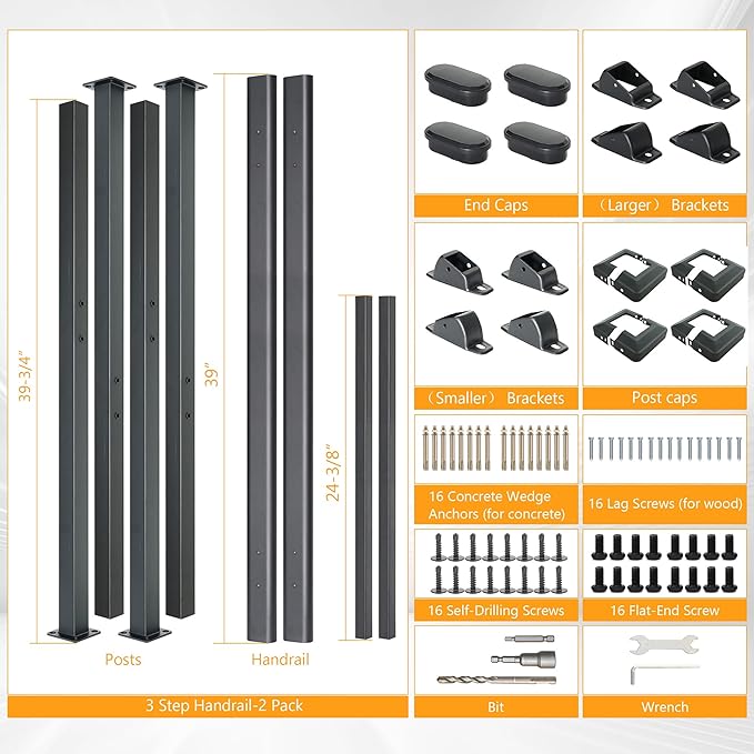 DIYHD 3 Step Handrail for Outdoor,Powder Coated Iron Stair Railing,Black Hand Rails for Indoor, Porch,Deck,2 Pack