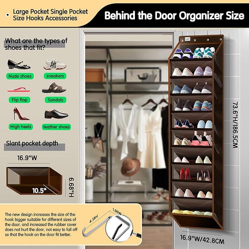 10 Tier Over The Door Organizer - Heavy Duty Hanging Storage Rack with Sturdy Oxford Fabric, Holds 20+ Pairs of Footwear, Boots & Sneakers, Saves 50% Closet Space (Dark Curry)
