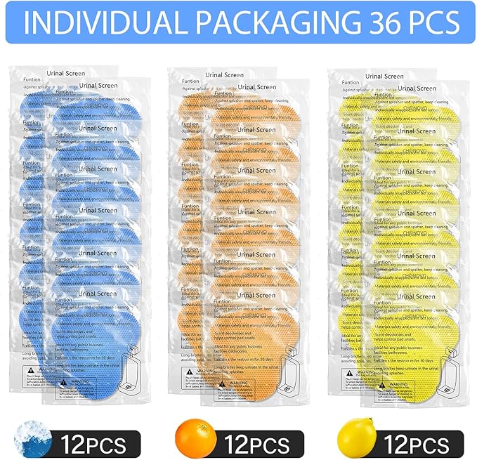 Urinal Screen Deodorizer 36 Pack,Urinal Cakes Deodorizer Bulk Urinal Mats Screens Scented Anti Splash Urinal Pads for Men Bathroom Office School (12 Pcs Ocean Breeze 12 Pcs Lemon 12 Pcs Orange)